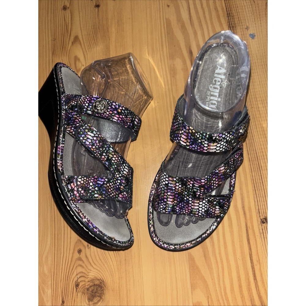 Alegria Loti 38 = 8/8.5 Leather Triple Strap Wedge Sandals Purple Multi Snake